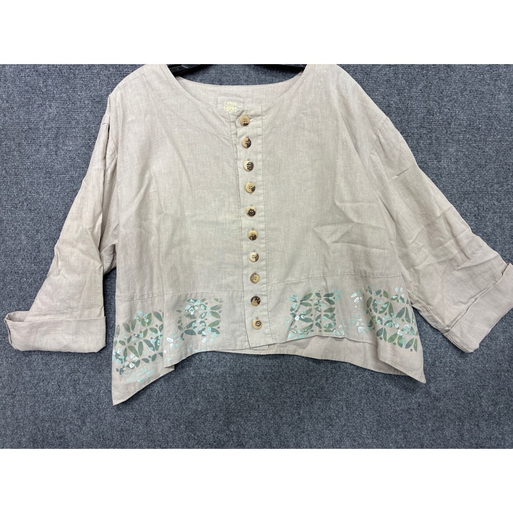 Blue Fish Linen Button Up Top Artsy Leaf Print Beige Lagenlook Boxy
